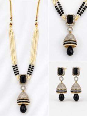 Black & Gold Traditional Necklace Set with Matching Jhumka Earrings